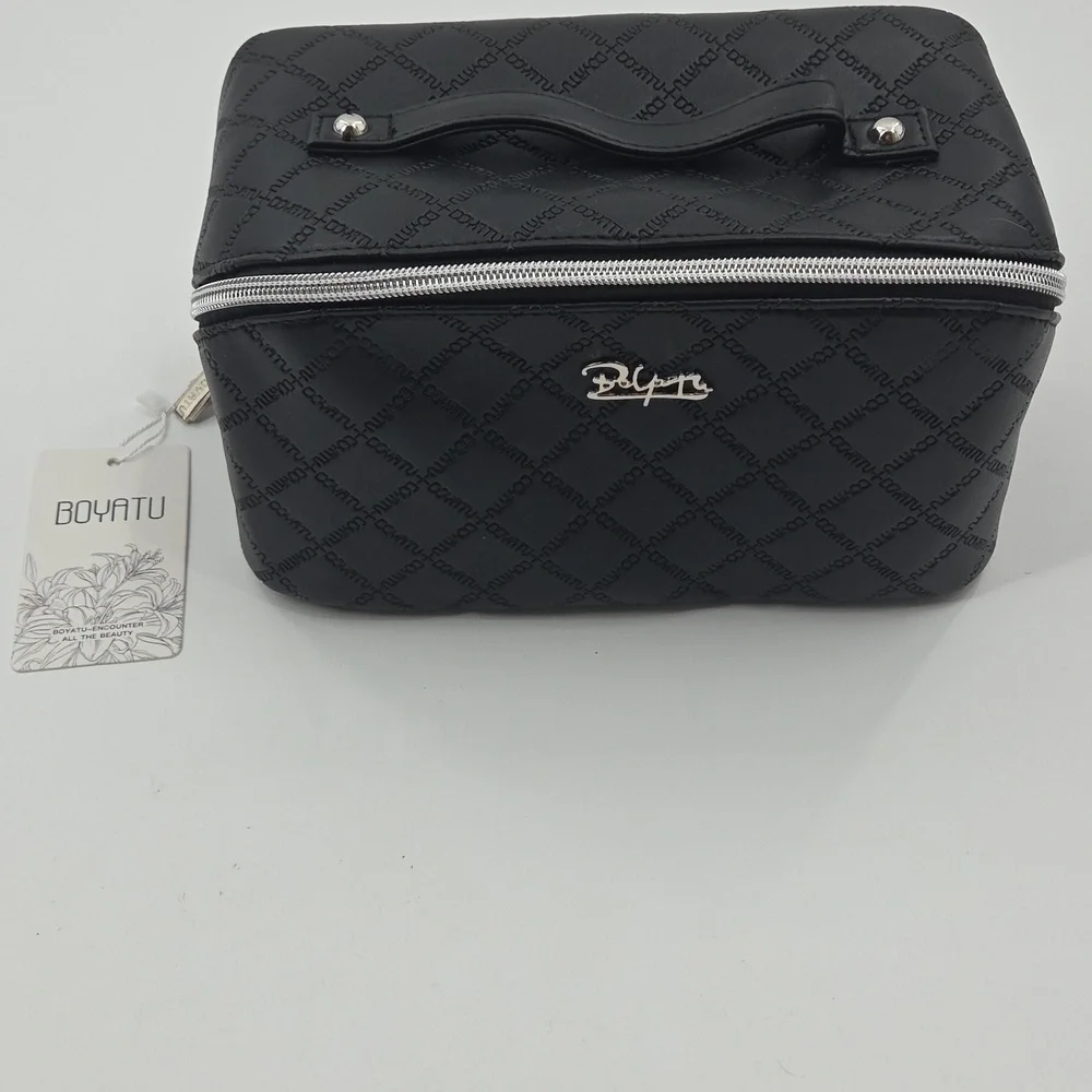 Black Checkered Toiletry Bag With Multiple Compartments